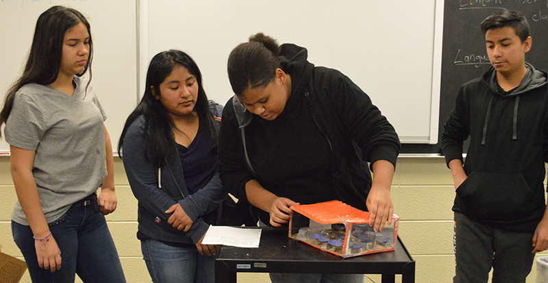 From left, Andrea Rosales, Michaela Velasquez, Amber Clark and Angel Loeza present their prototype