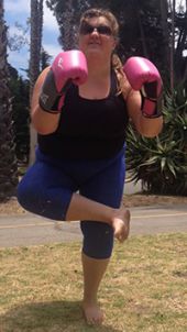 Elizabeth Wisniewski posing in California for a new class she is developing that blends yoga and kickboxing