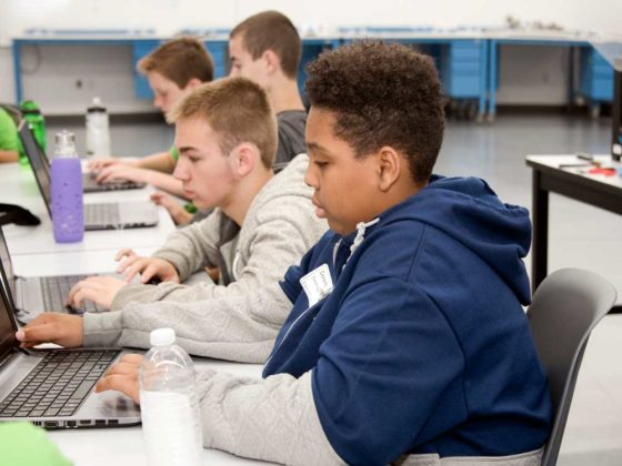 DeKeith Dandridge, ninth grade, Valleywood; Xavier Butler, eighth grade, Pinewood Middle; Eli Luyckz, ninth grade, Forest Hills Central High, work on design ideas