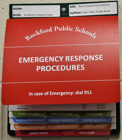 Every classroom in the Rockford Freshman Center contains a booklet of procedures for emergencies