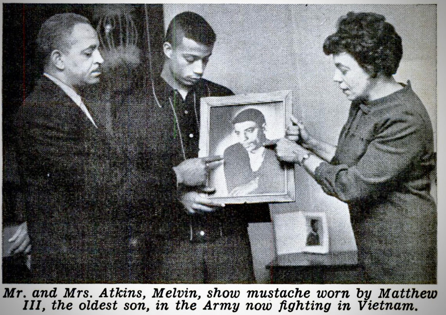 Taken from a 1966 story in Jet magazine, this photo shows Mel Atkins, second from left, and his parents looking at a photo of his brother, Matthew III, who was the first Kent County soldier killed in Vietnam. Although Matthew was allowed to wear a mustache in the service, the article pointed out, students like Mel Atkins at South High School were not until protests overturned the policy